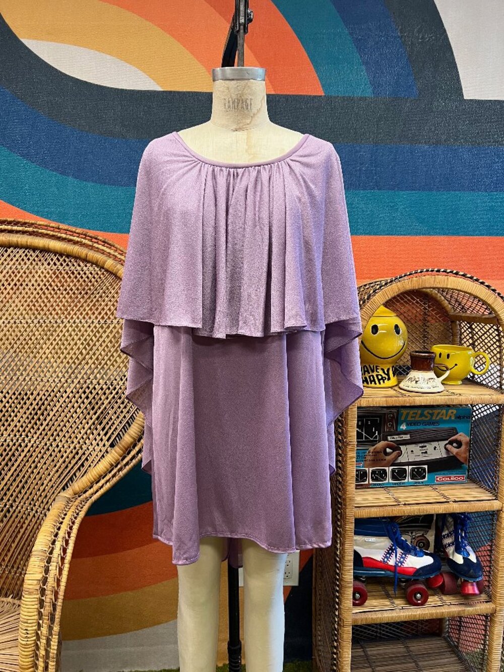 EUC Vintage 60s 70s Shimmering Capelet Purple Shift Mini Dress Large
